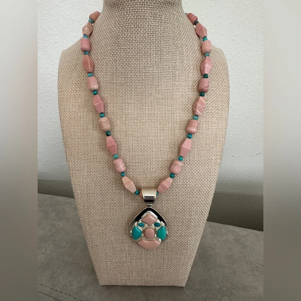 Turquoise and pink beaded necklace with gorgeous pendant! By Jay King - Picture 2 of 11